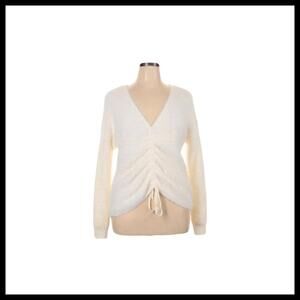 Fuzzy White/Cream V-Neck Ruched Knit Drawstring Sweater Long Sleeve Sweater